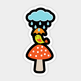 Rainy Day Bird on mushroom with Umbrella! Sticker